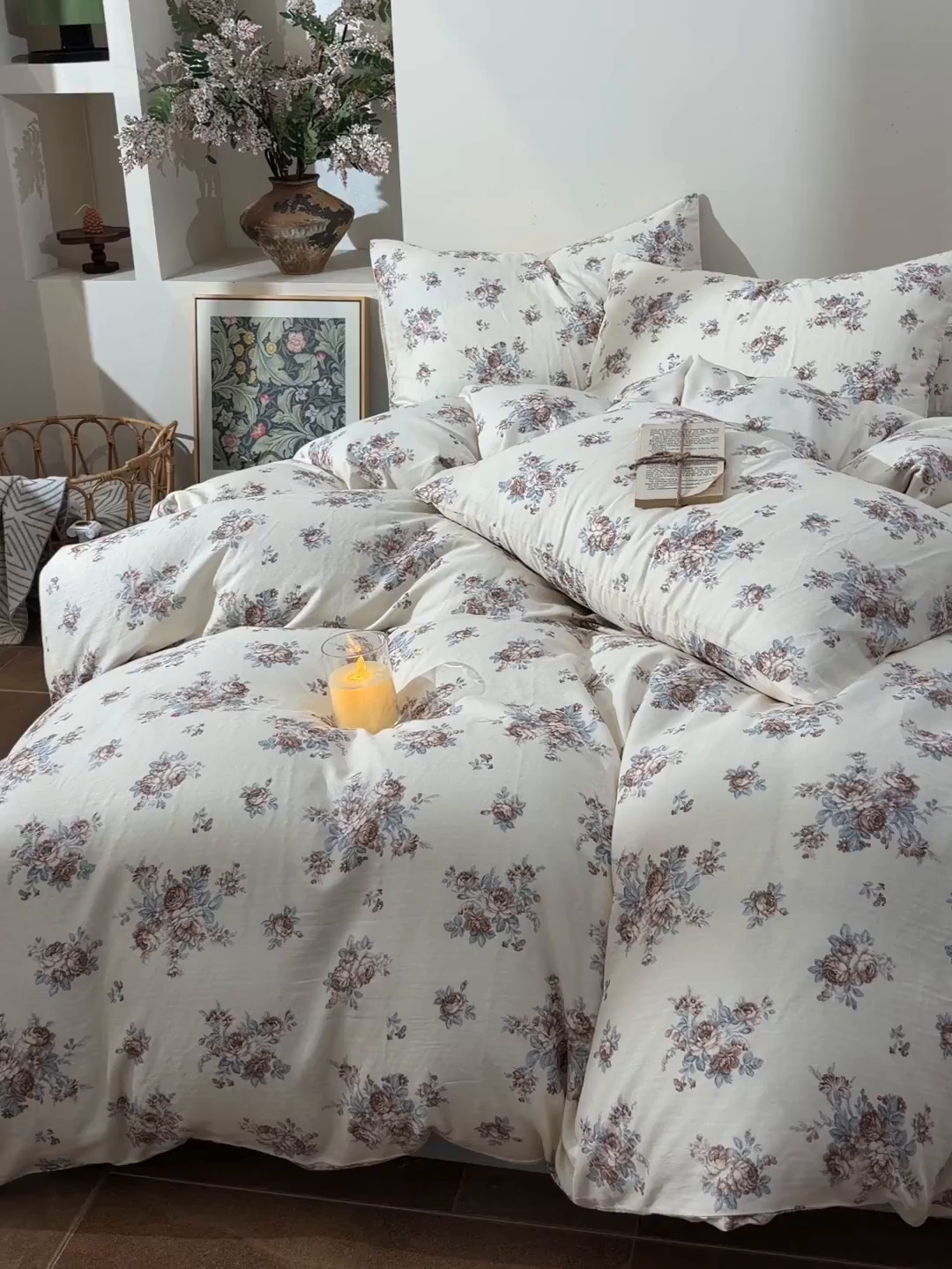 91家纺网 家纺一手货源 找家纺 富安笙 2026新款全棉纯棉双层纱四件套 蓝调花韵-咖