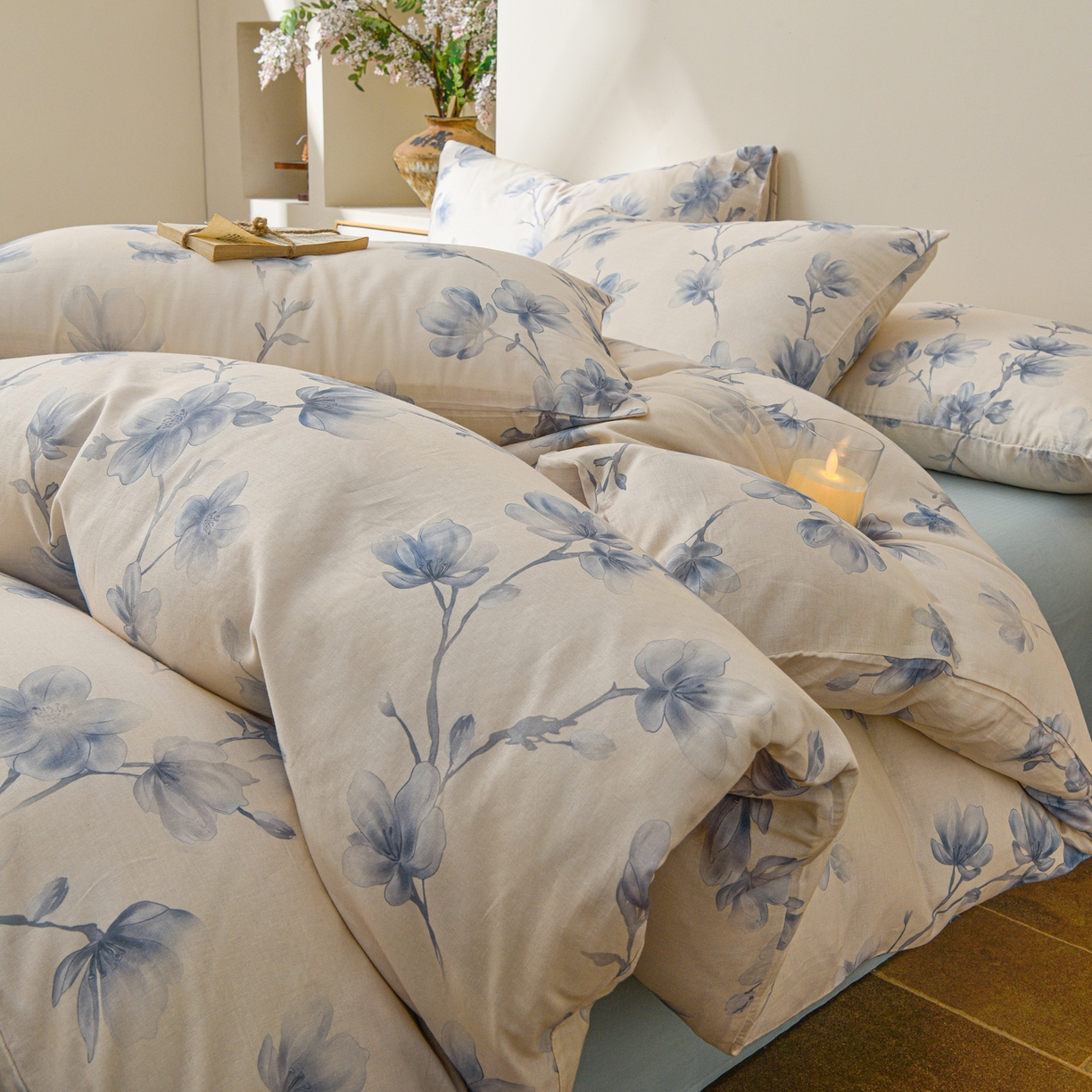 91家纺网 家纺一手货源 找家纺 富安笙 2026新款全棉纯棉双层纱四件套 花蔓轻舞-兰