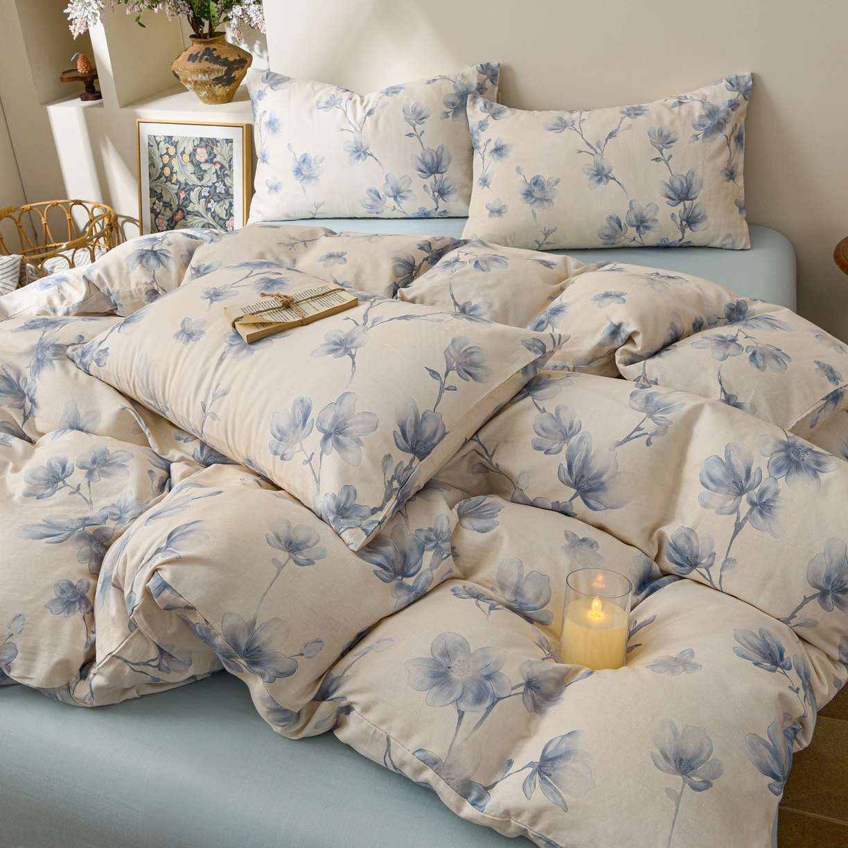 91家纺网 家纺一手货源 找家纺 富安笙 2026新款全棉纯棉双层纱四件套 花蔓轻舞-兰