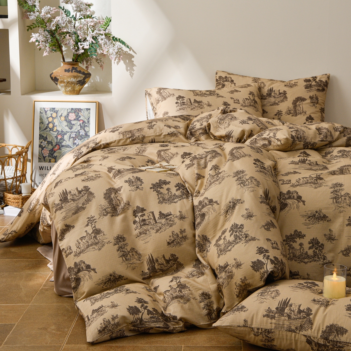 富安笙 2026新款全棉纯棉双层纱四件套 田园艺境-咖