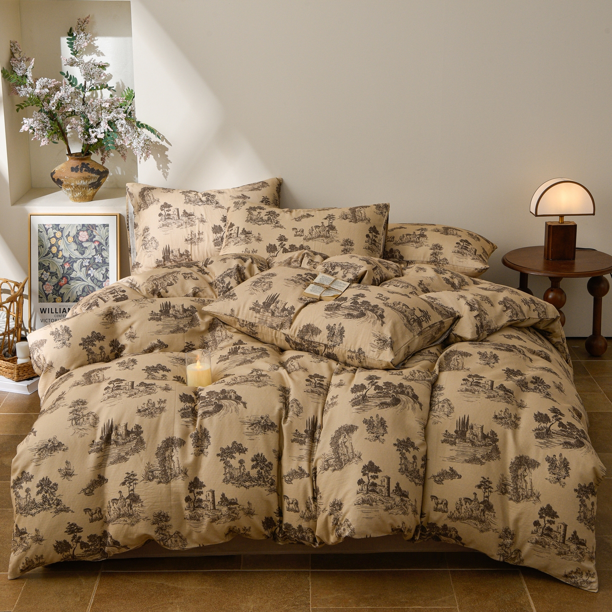 91家纺网 家纺一手货源 找家纺 富安笙 2026新款全棉纯棉双层纱四件套 田园艺境-咖