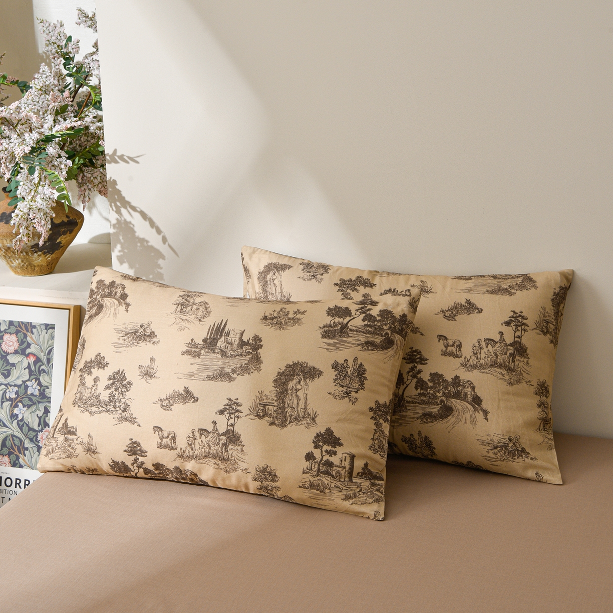 91家纺网 家纺一手货源 找家纺 富安笙 2026新款全棉纯棉双层纱四件套 田园艺境-咖