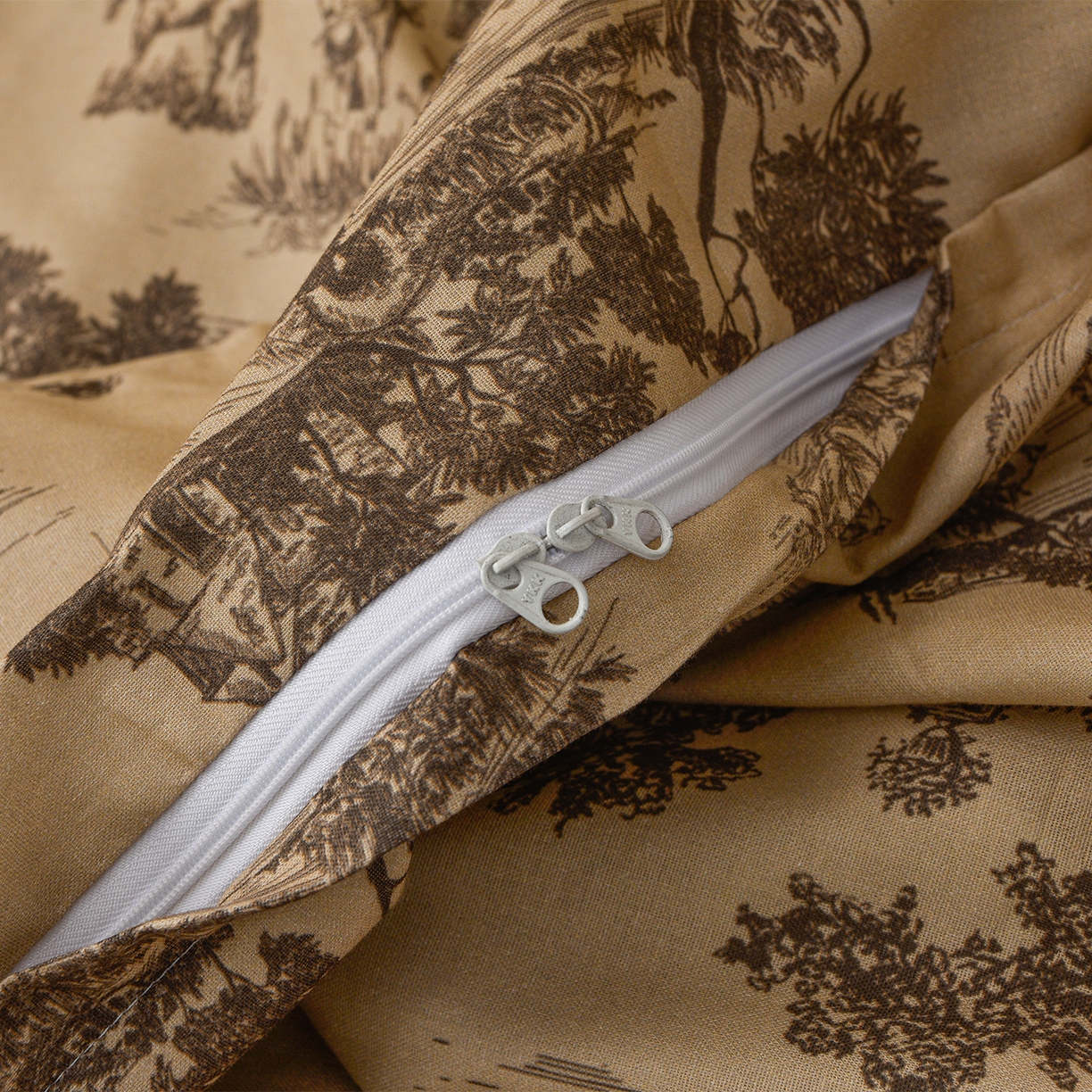 91家纺网 家纺一手货源 找家纺 富安笙 2026新款全棉纯棉双层纱四件套 田园艺境-咖