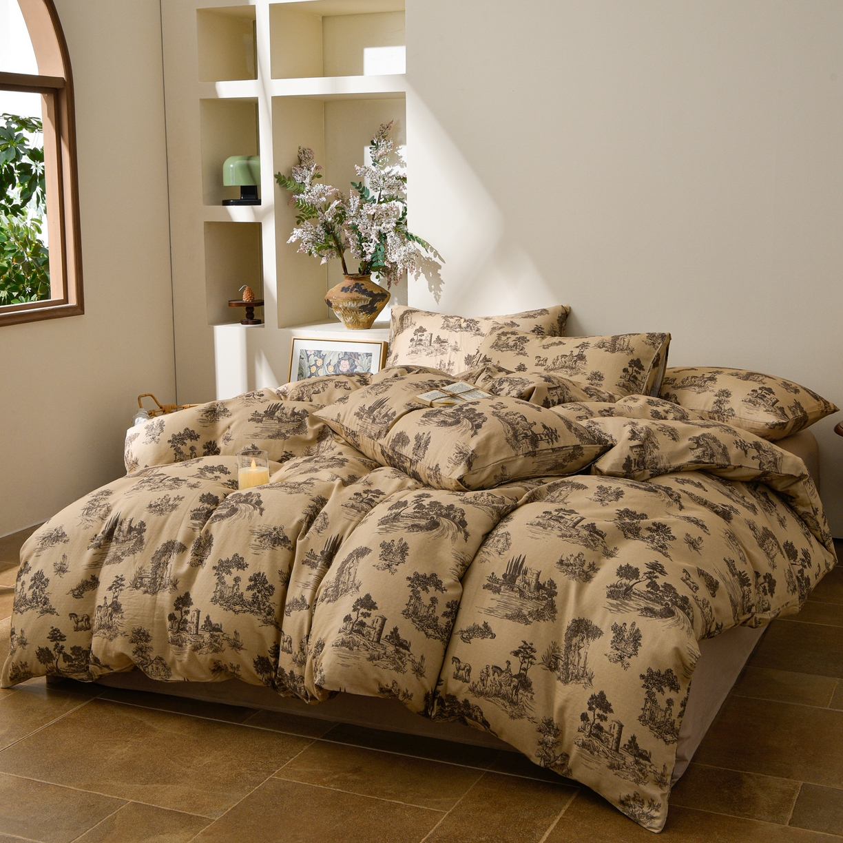 91家纺网 家纺一手货源 找家纺 富安笙 2026新款全棉纯棉双层纱四件套 田园艺境-咖