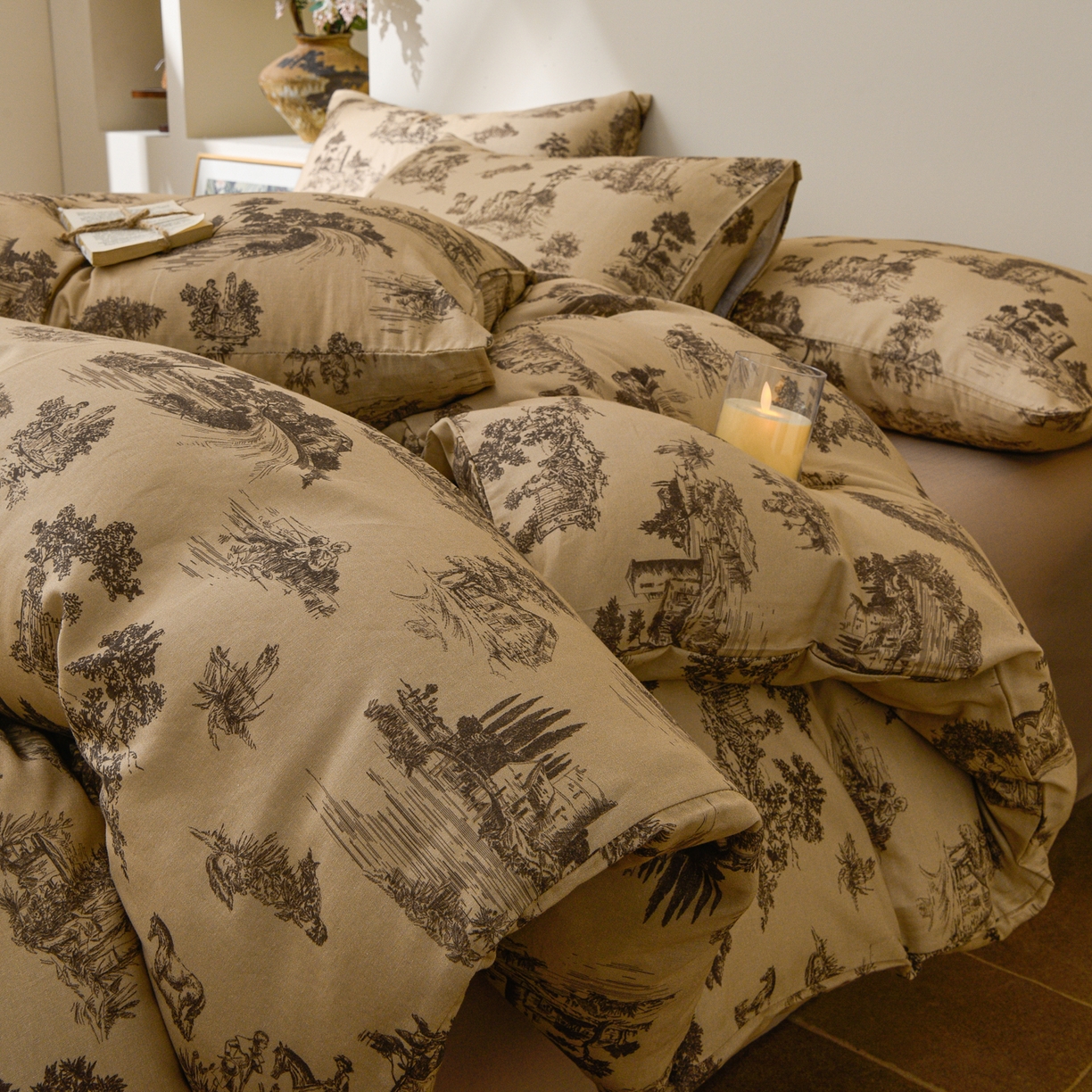 91家纺网 家纺一手货源 找家纺 富安笙 2026新款全棉纯棉双层纱四件套 田园艺境-咖