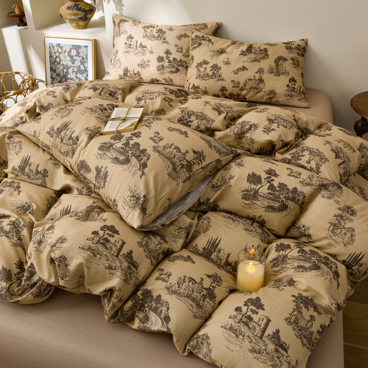 91家纺网 家纺一手货源 找家纺 富安笙 2026新款全棉纯棉双层纱四件套 田园艺境-咖