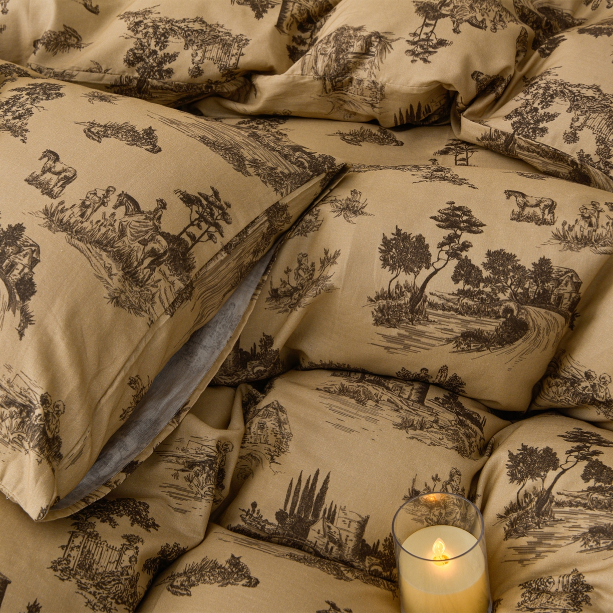 91家纺网 家纺一手货源 找家纺 富安笙 2026新款全棉纯棉双层纱四件套 田园艺境-咖