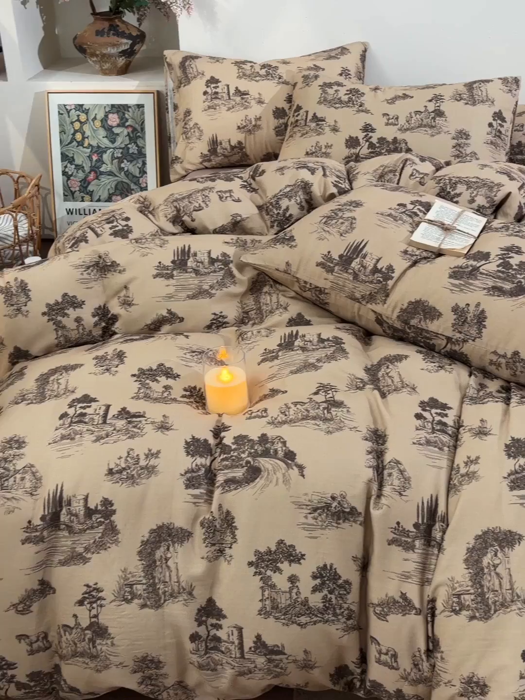 91家纺网 家纺一手货源 找家纺 富安笙 2026新款全棉纯棉双层纱四件套 田园艺境-咖