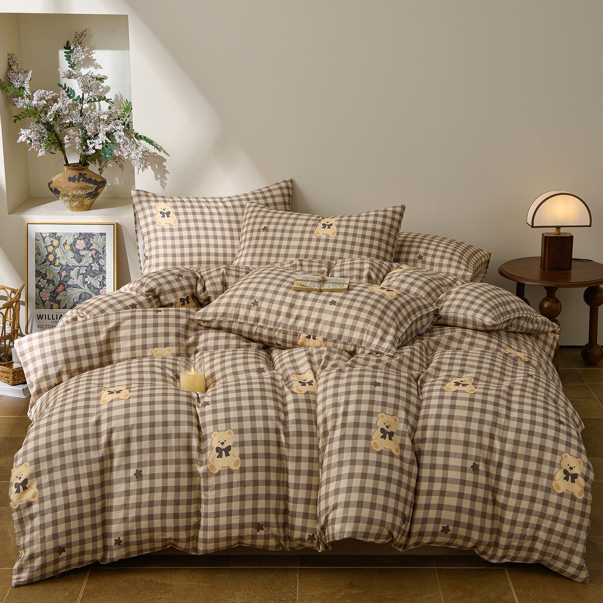 91家纺网 家纺一手货源 找家纺 富安笙 2026新款全棉纯棉双层纱四件套 领结小熊-米