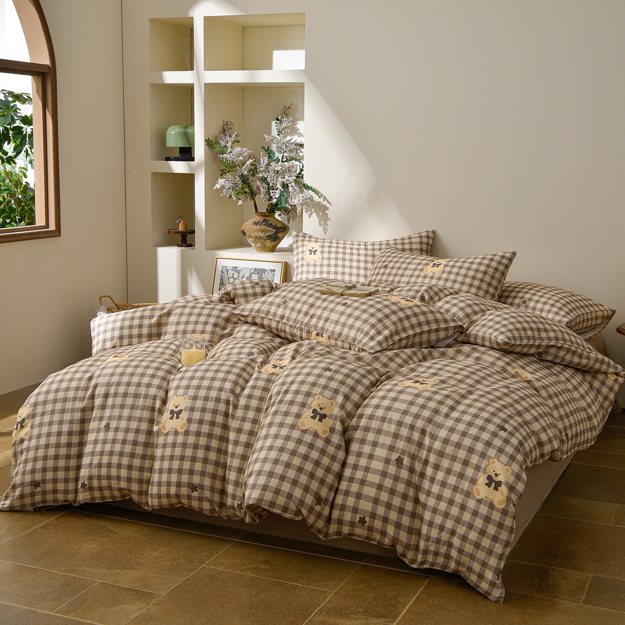 91家纺网 家纺一手货源 找家纺 富安笙 2026新款全棉纯棉双层纱四件套 领结小熊-米