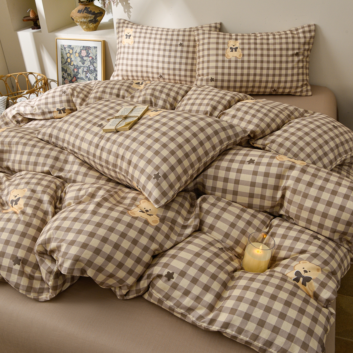 91家纺网 家纺一手货源 找家纺 富安笙 2026新款全棉纯棉双层纱四件套 领结小熊-米