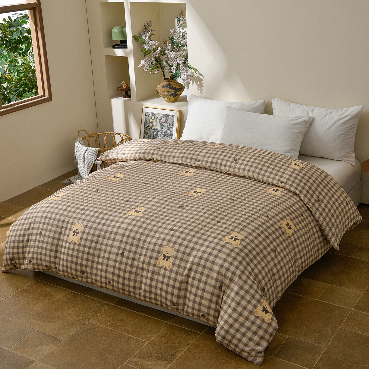 91家纺网 家纺一手货源 找家纺 富安笙 2026新款全棉纯棉双层纱四件套 领结小熊-米