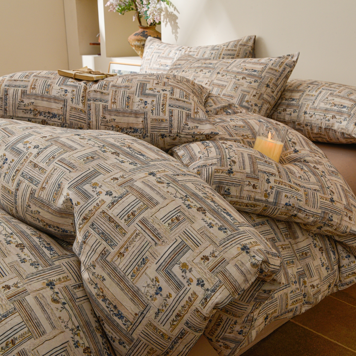 91家纺网 家纺一手货源 找家纺 富安笙 2026新款全棉纯棉双层纱四件套 织纹花开