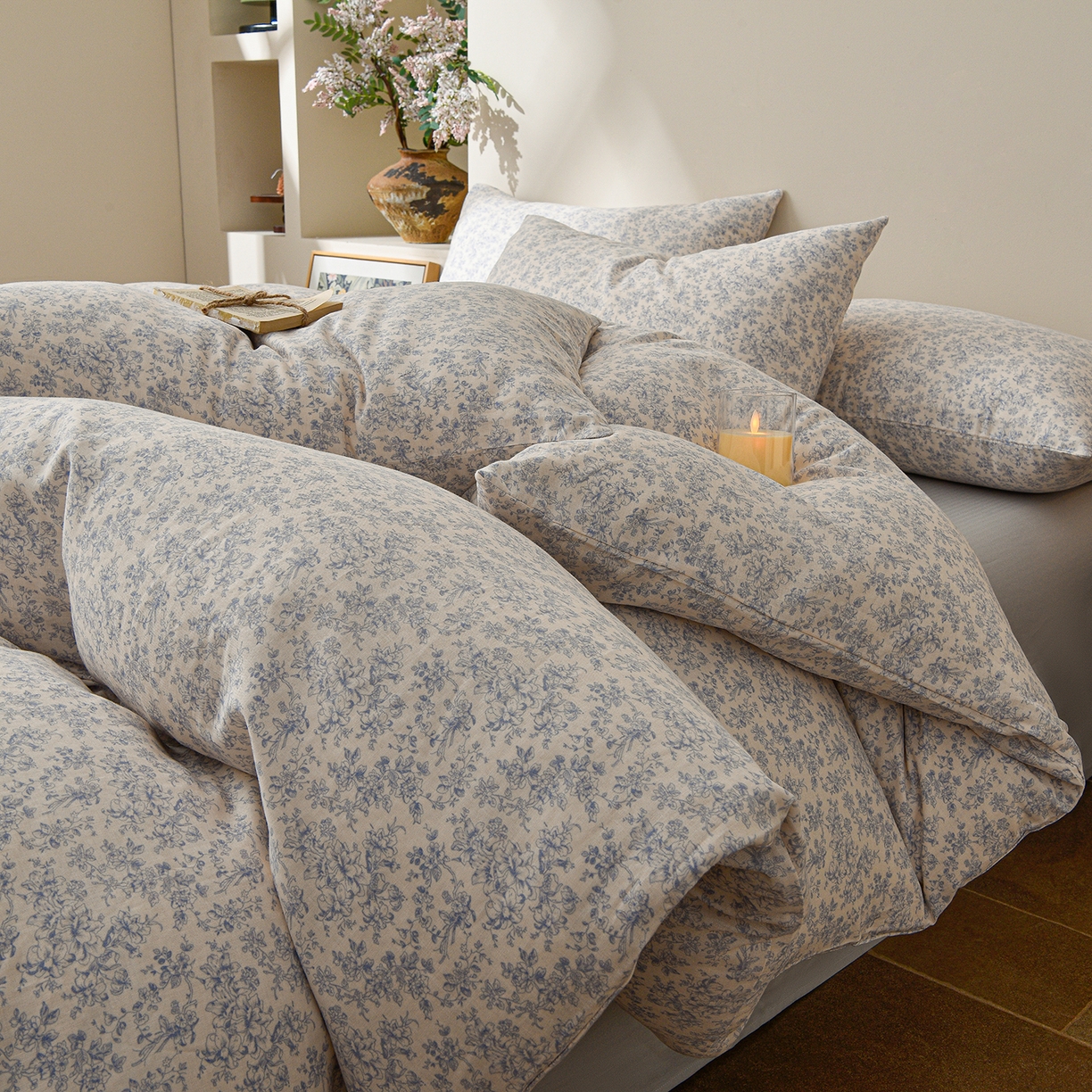 91家纺网 家纺一手货源 找家纺 富安笙 2026新款全棉纯棉双层纱四件套 月见兰-兰