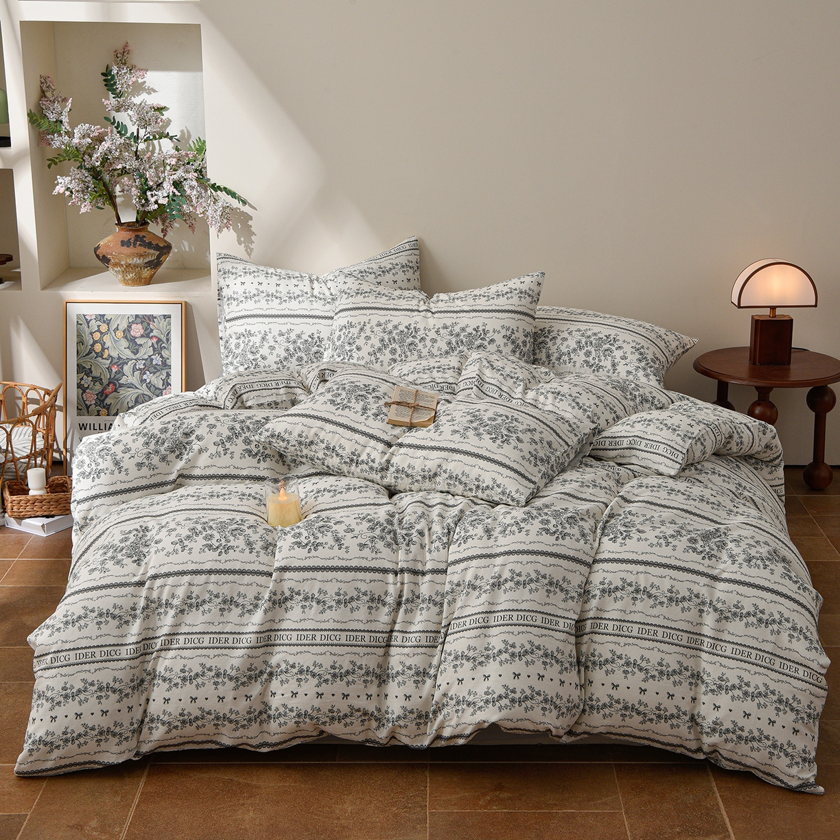 91家纺网 家纺一手货源 找家纺 富安笙 2026新款全棉纯棉双层纱四件套 沐花-灰