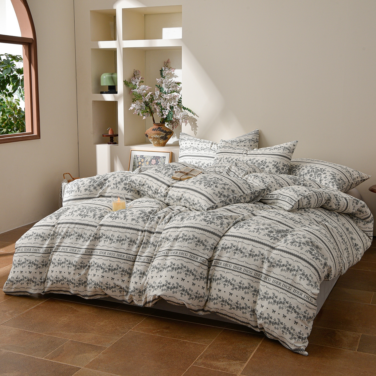 91家纺网 家纺一手货源 找家纺 富安笙 2026新款全棉纯棉双层纱四件套 沐花-灰