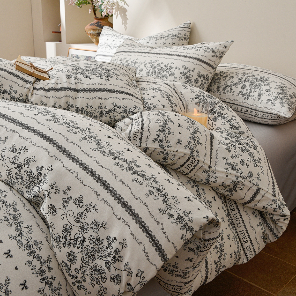 91家纺网 家纺一手货源 找家纺 富安笙 2026新款全棉纯棉双层纱四件套 沐花-灰