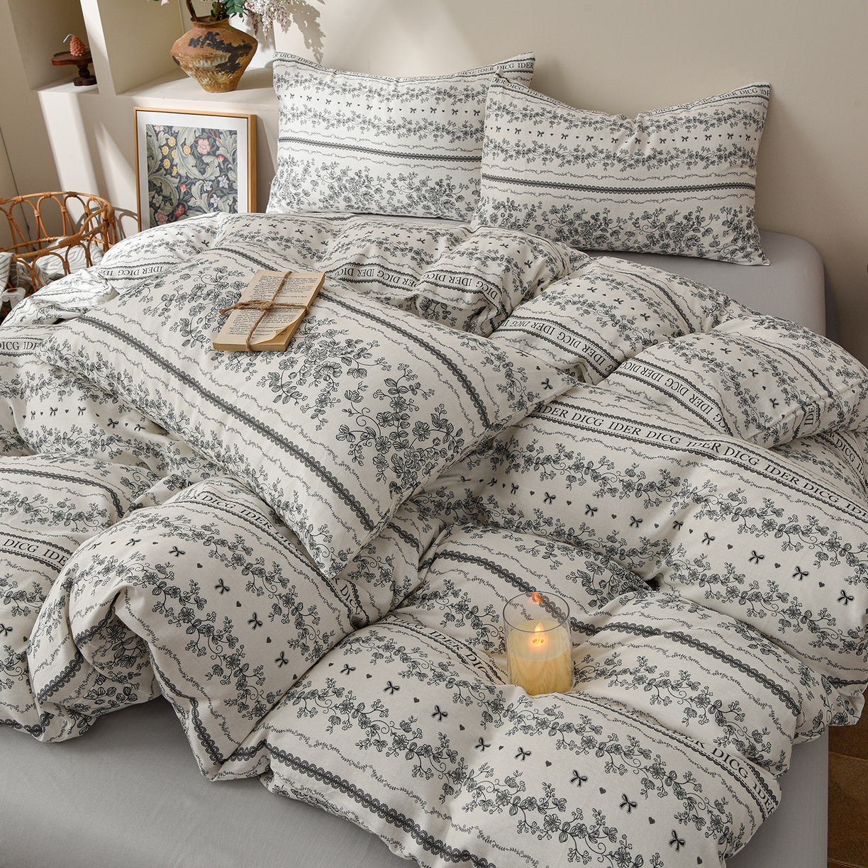 91家纺网 家纺一手货源 找家纺 富安笙 2026新款全棉纯棉双层纱四件套 沐花-灰