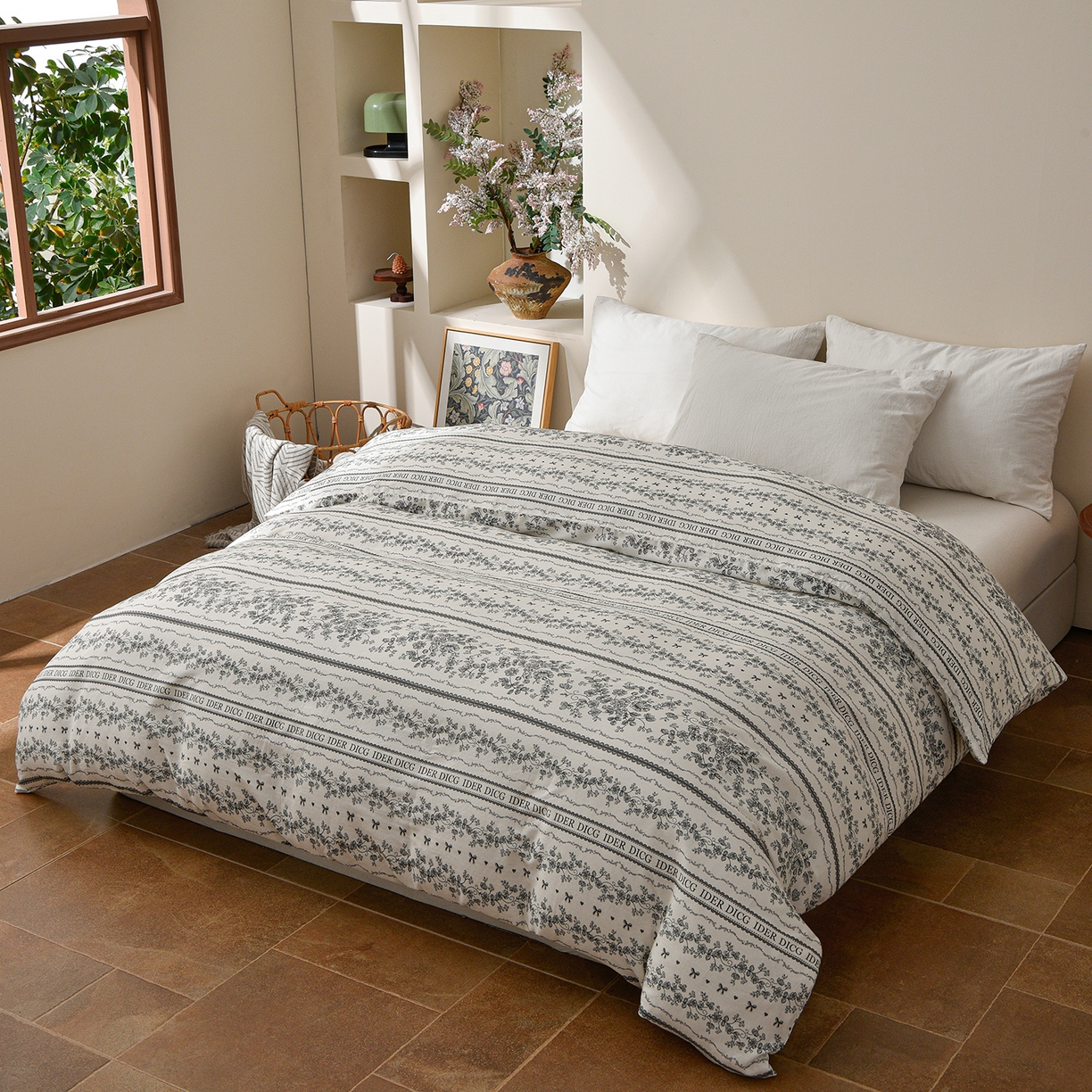 91家纺网 家纺一手货源 找家纺 富安笙 2026新款全棉纯棉双层纱四件套 沐花-灰