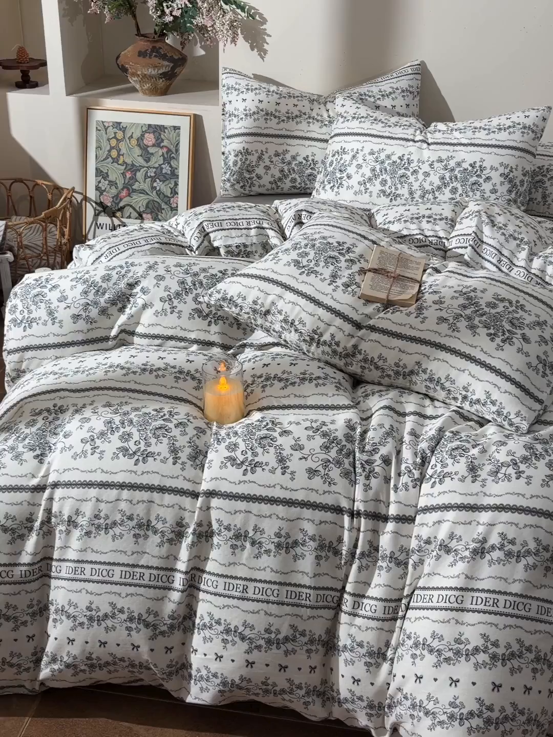 91家纺网 家纺一手货源 找家纺 富安笙 2026新款全棉纯棉双层纱四件套 沐花-灰