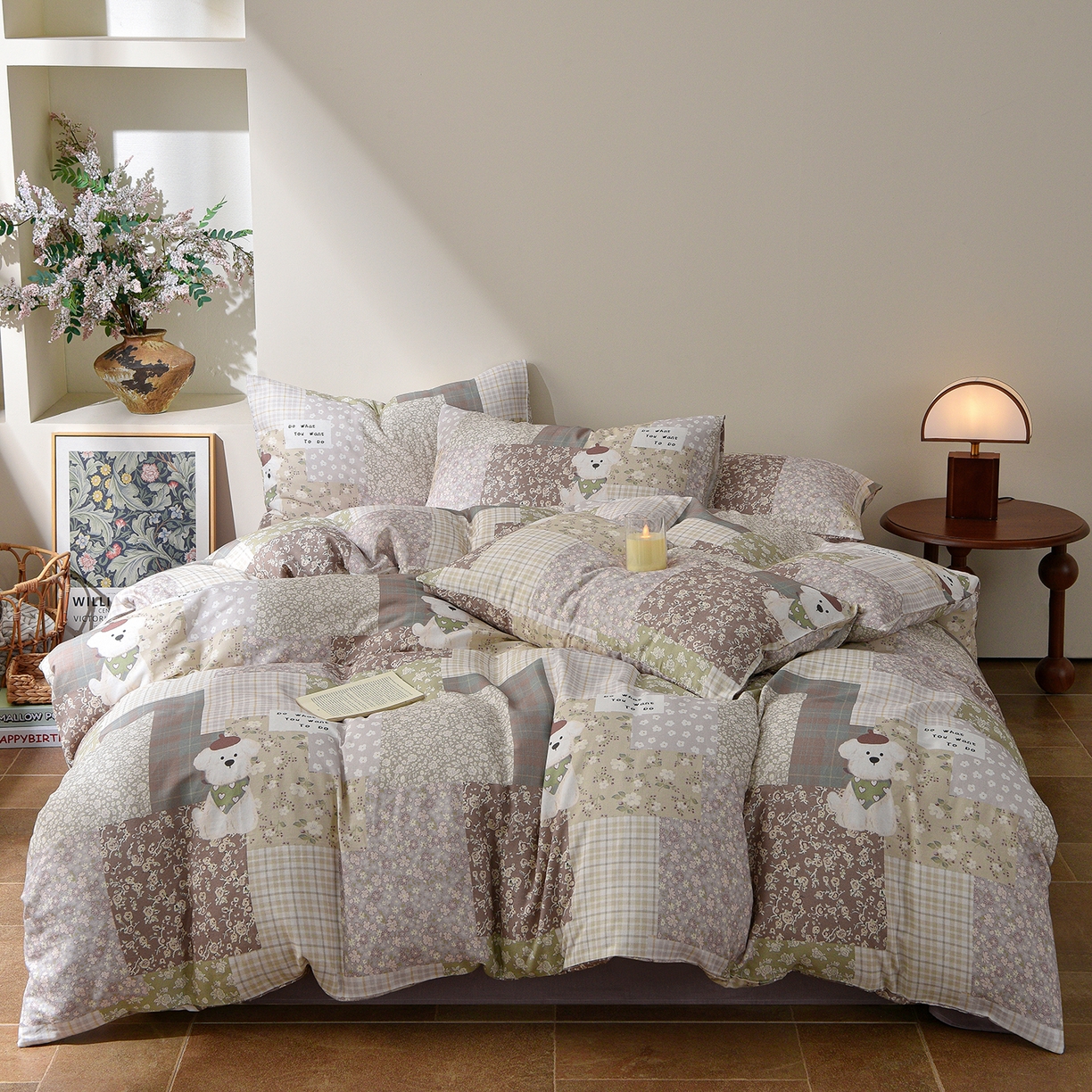 91家纺网 家纺一手货源 找家纺 富安笙 2026新款全棉纯棉双层纱四件套 格花屿绿