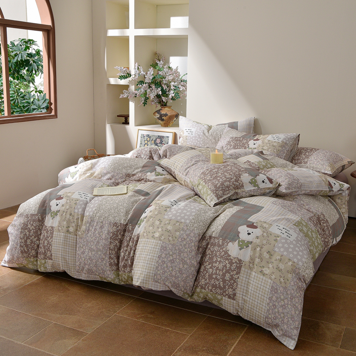 91家纺网 家纺一手货源 找家纺 富安笙 2026新款全棉纯棉双层纱四件套 格花屿绿