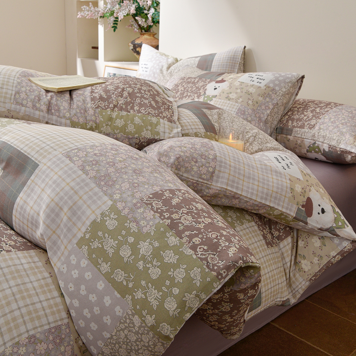 91家纺网 家纺一手货源 找家纺 富安笙 2026新款全棉纯棉双层纱四件套 格花屿绿