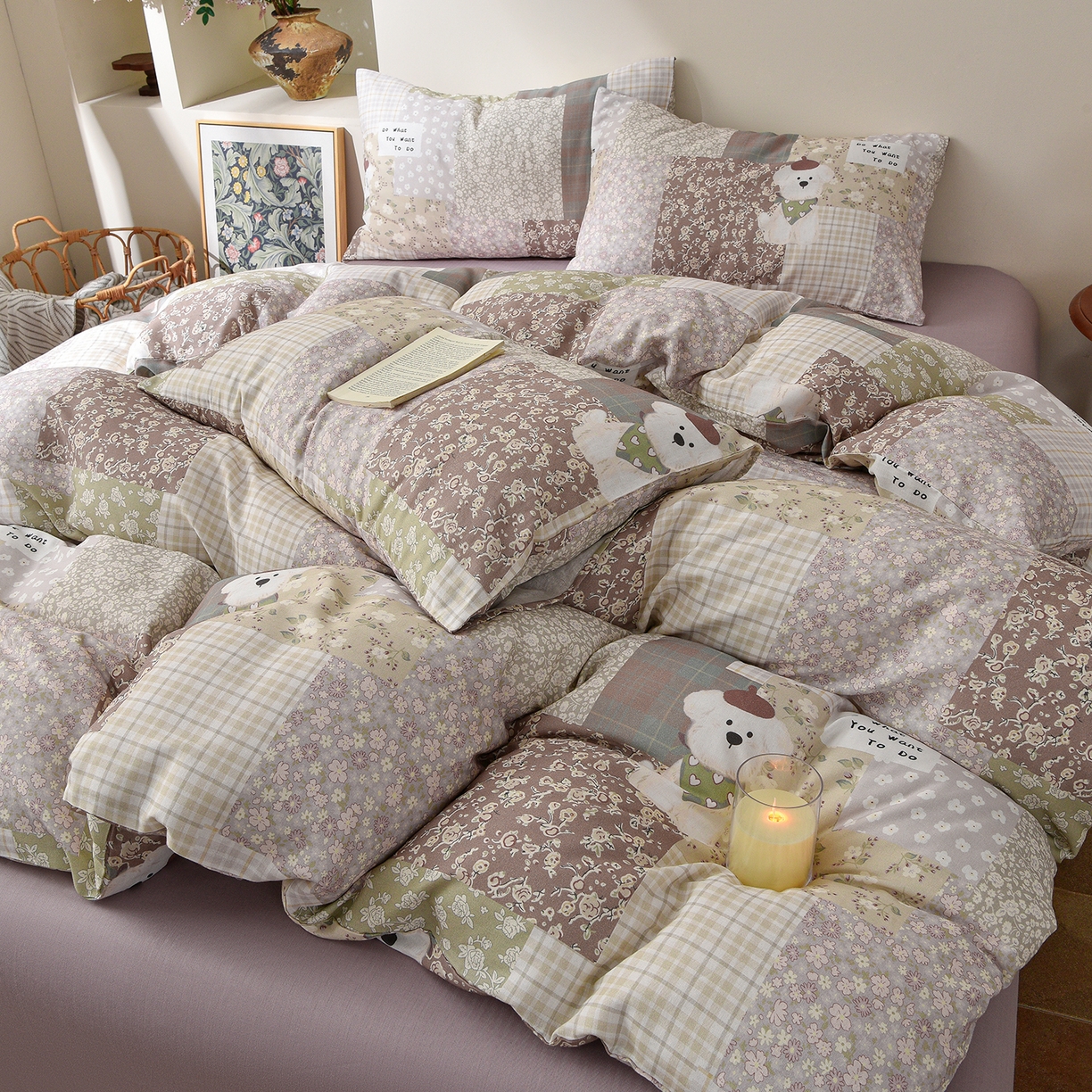 91家纺网 家纺一手货源 找家纺 富安笙 2026新款全棉纯棉双层纱四件套 格花屿绿