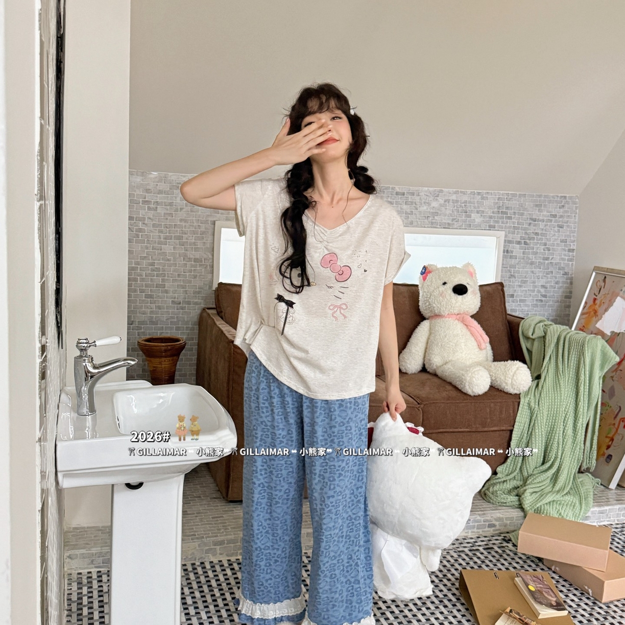 91家纺网 家纺一手货源 找家纺 （总）妍景家居生活馆 2026新款莱赛尔冰丝棉睡衣两件套KT新豹纹