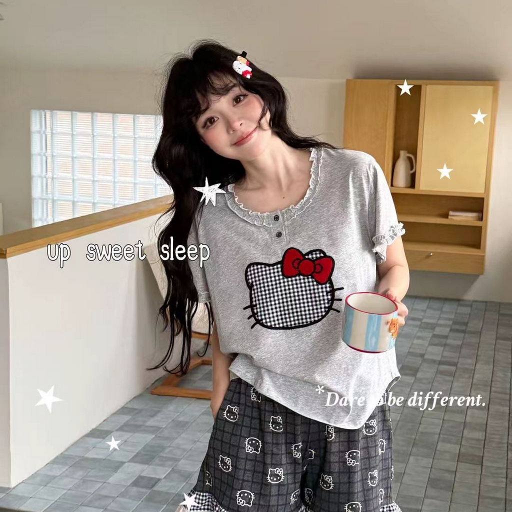 91家纺网 家纺一手货源 找家纺 （总）妍景家居生活馆 2026新款莱赛尔棉睡衣短裤两件套KT格