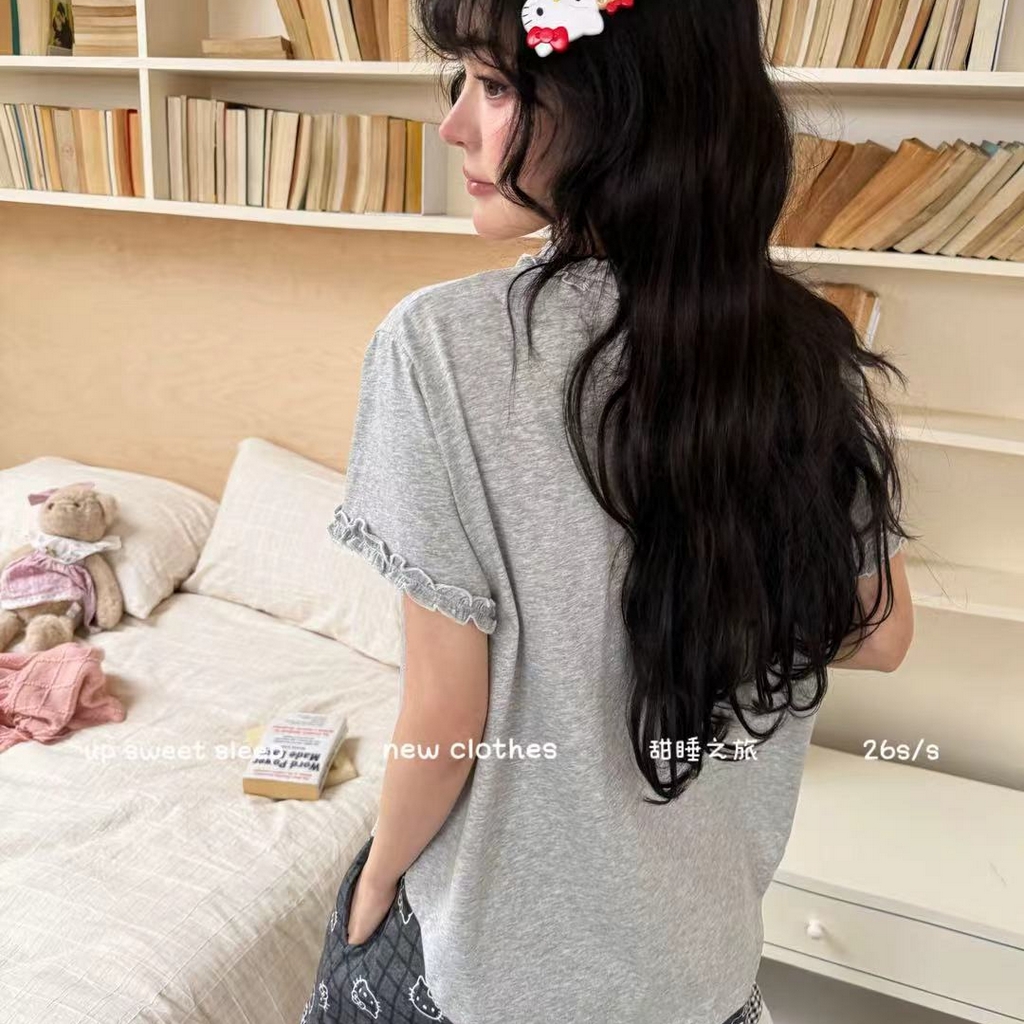 91家纺网 家纺一手货源 找家纺 （总）妍景家居生活馆 2026新款莱赛尔棉睡衣短裤两件套KT格