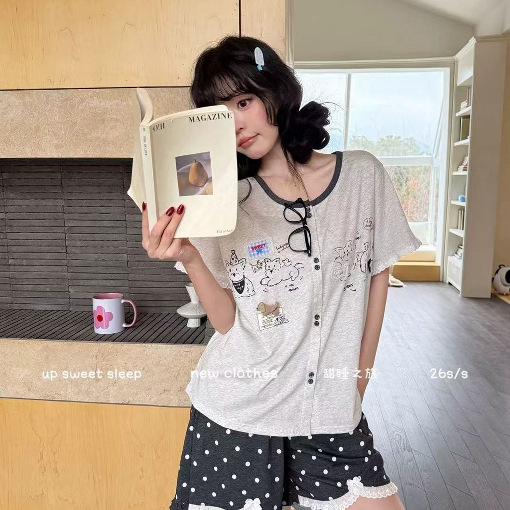 91家纺网 家纺一手货源 找家纺 妍景家居生活馆 2026新款睡衣短裤两件套大耳狗系列 短裤大耳狗-深灰