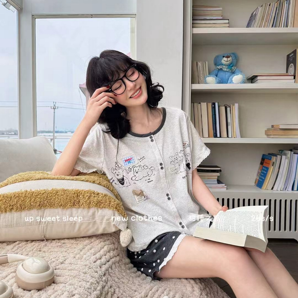 91家纺网 家纺一手货源 找家纺 妍景家居生活馆 2026新款睡衣短裤两件套大耳狗系列 短裤大耳狗-深灰