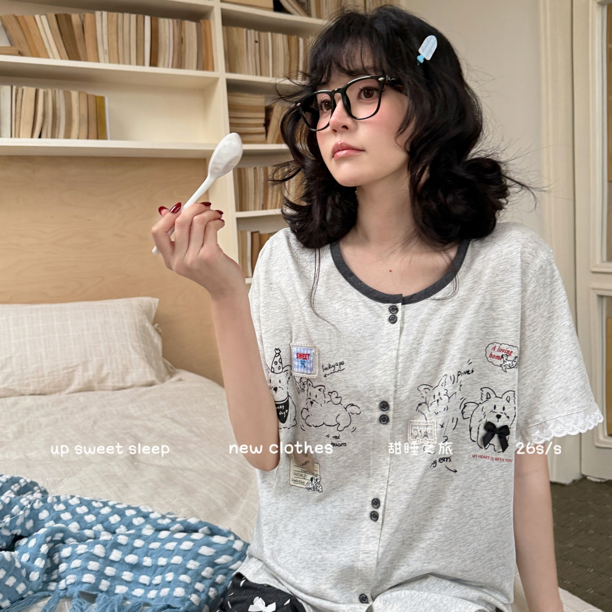 91家纺网 家纺一手货源 找家纺 妍景家居生活馆 2026新款睡衣短裤两件套大耳狗系列 短裤大耳狗-深灰