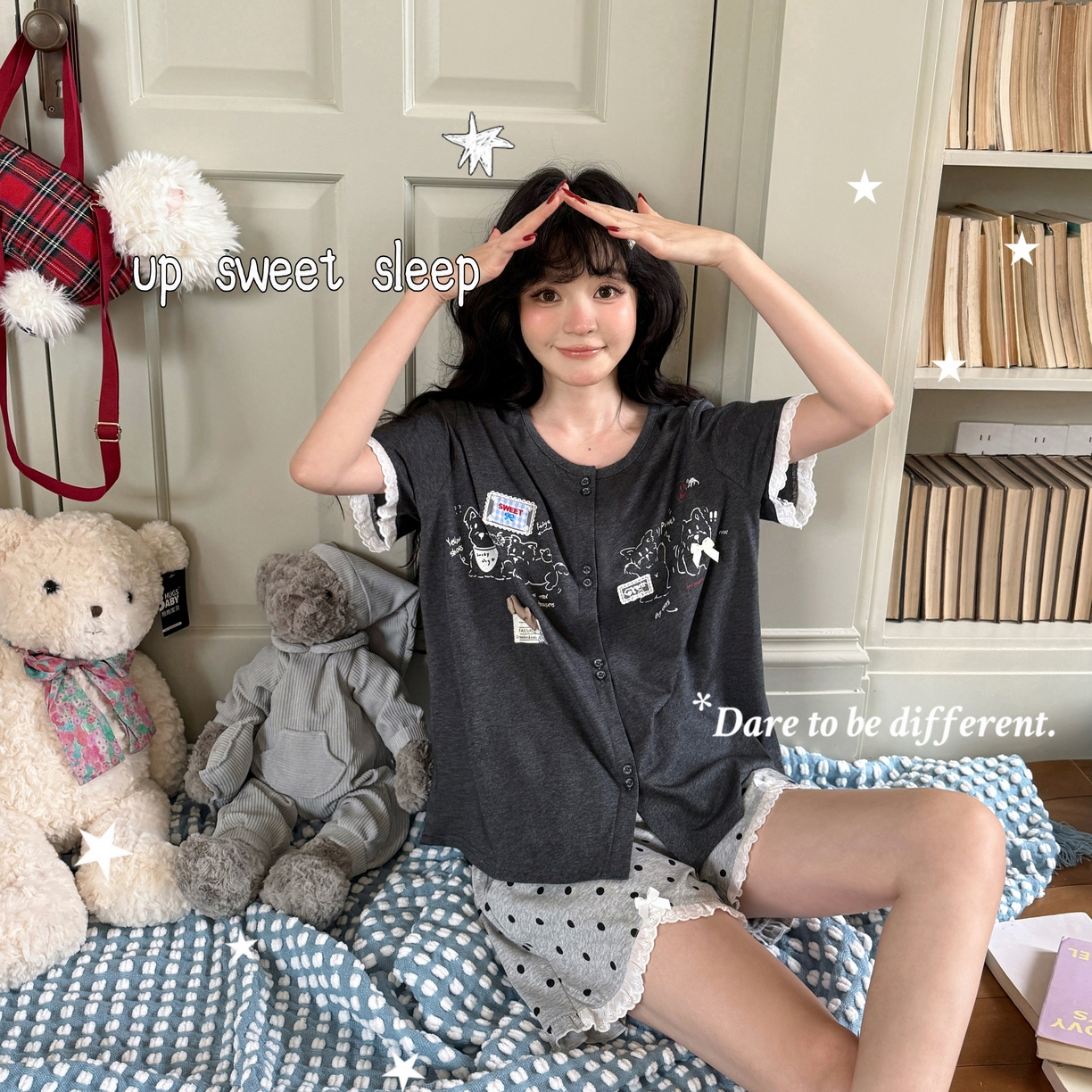 91家纺网 家纺一手货源 找家纺 妍景家居生活馆 2026新款睡衣短裤两件套大耳狗系列 短裤大耳狗-浅灰