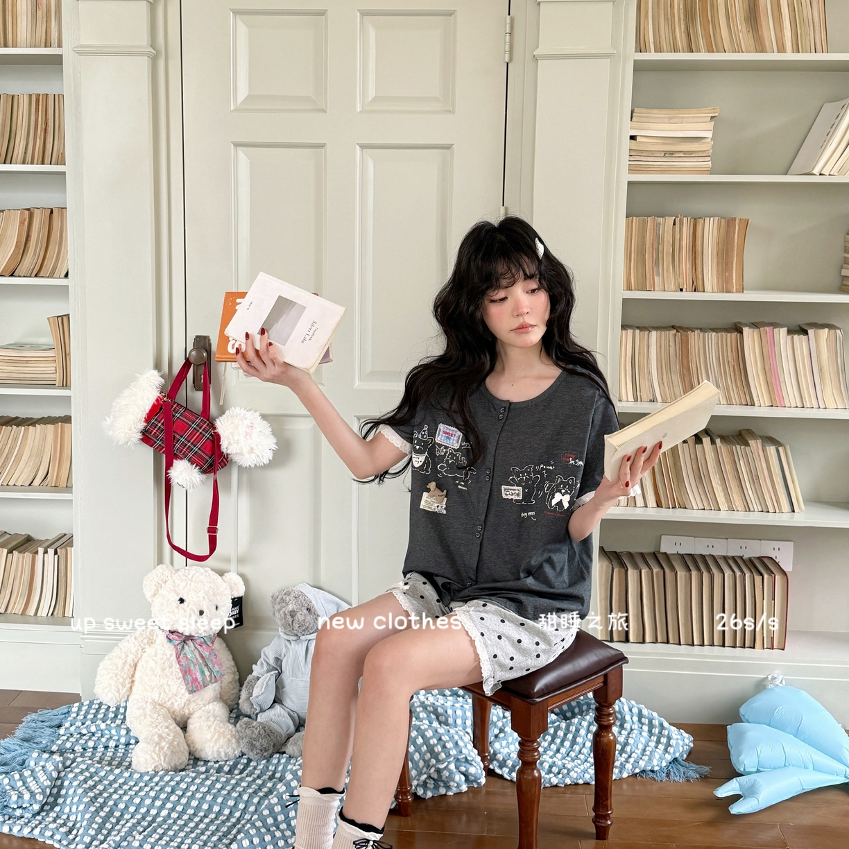 91家纺网 家纺一手货源 找家纺 妍景家居生活馆 2026新款睡衣短裤两件套大耳狗系列 短裤大耳狗-浅灰