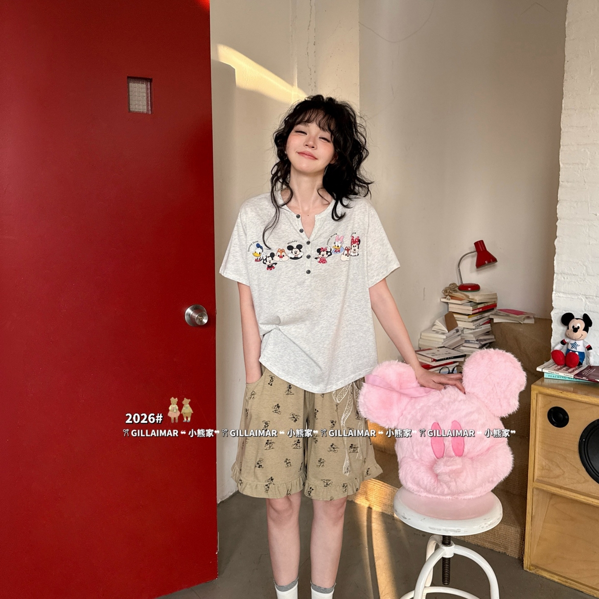 91家纺网 家纺一手货源 找家纺 妍景家居生活馆 2026新款睡衣短裤两件套米奇小小 短裤米奇小小-浅灰