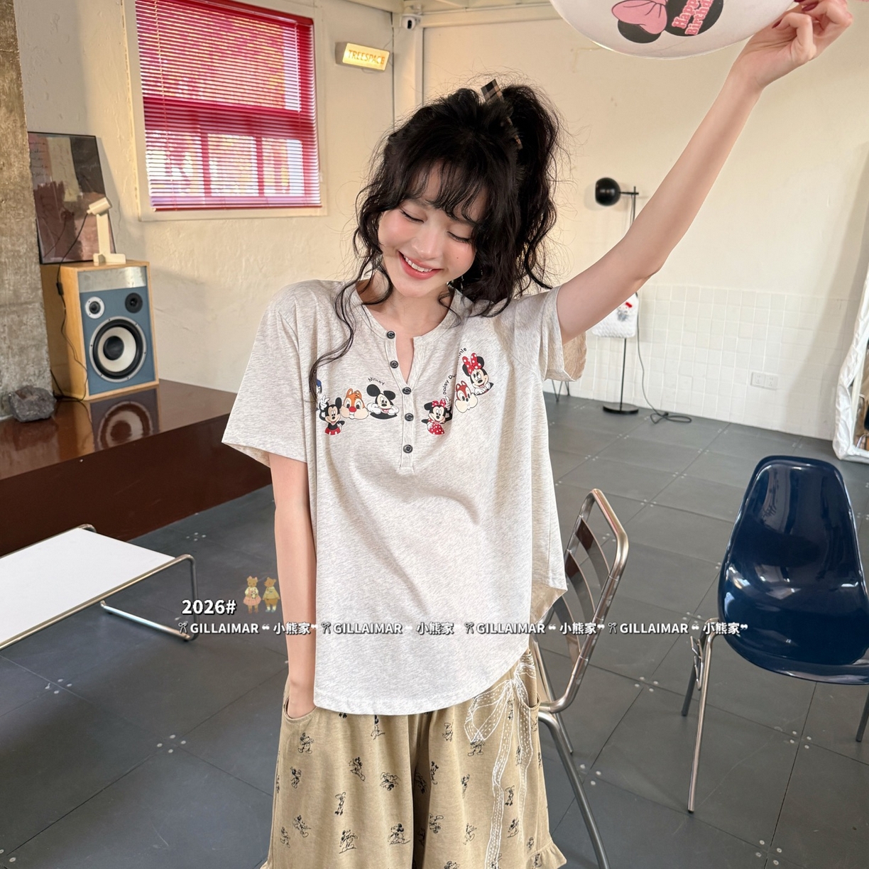 91家纺网 家纺一手货源 找家纺 妍景家居生活馆 2026新款睡衣短裤两件套米奇小小 短裤米奇小小-浅灰