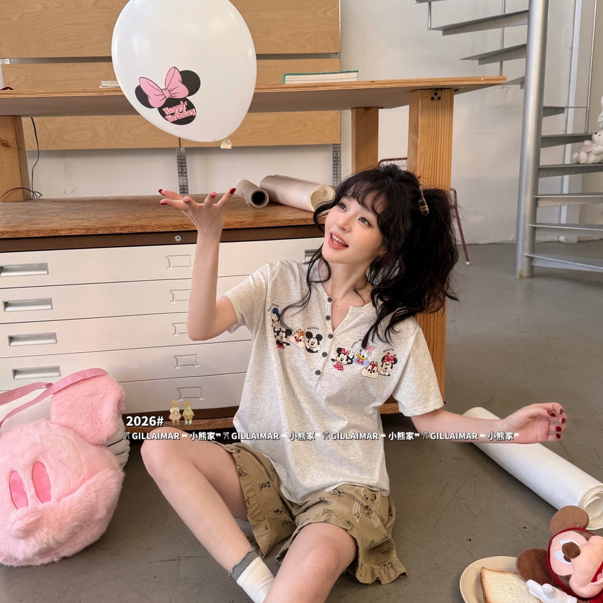 91家纺网 家纺一手货源 找家纺 妍景家居生活馆 2026新款睡衣短裤两件套米奇小小 短裤米奇小小-浅灰