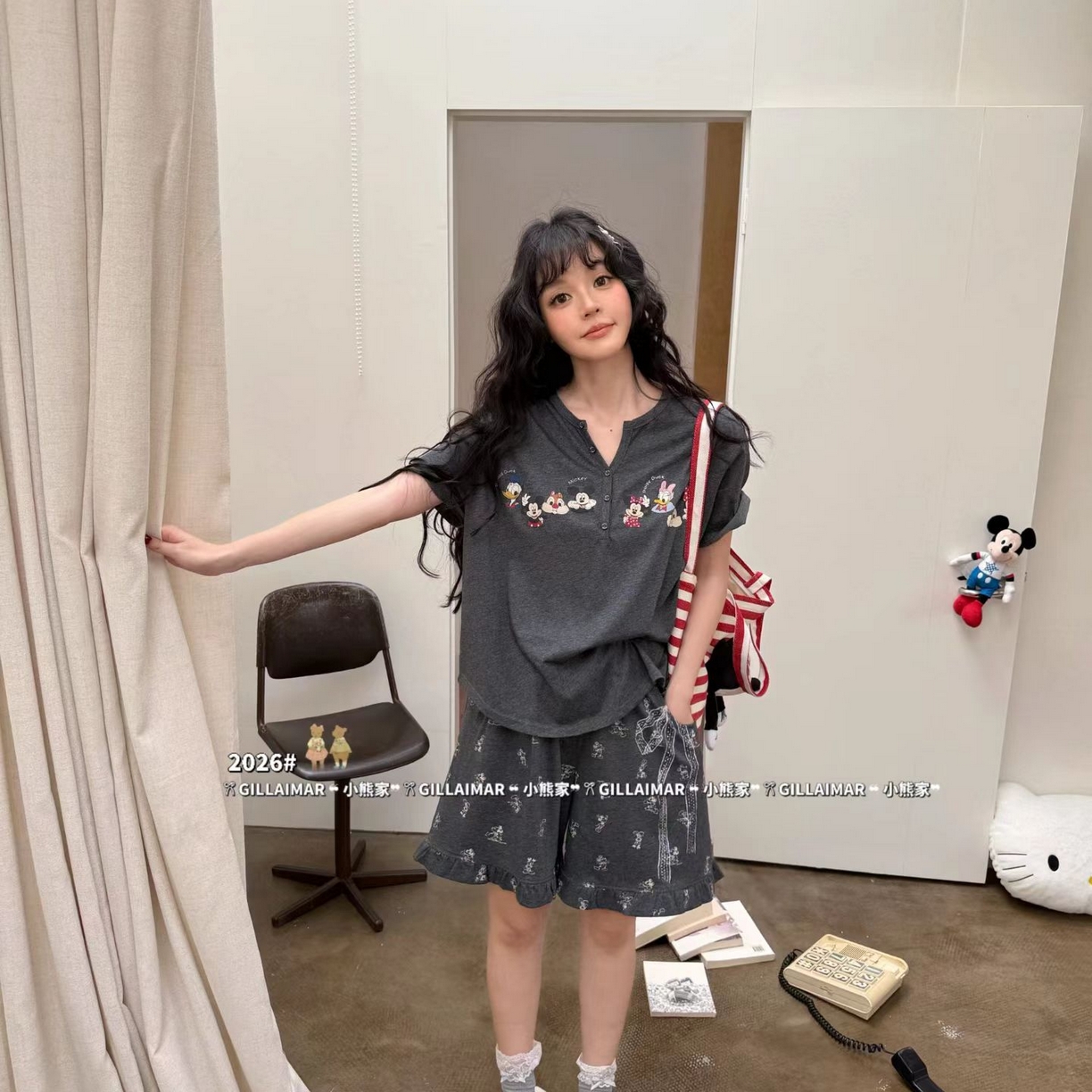 妍景家居生活馆 2026新款睡衣短裤两件套米奇小小 短裤米奇小小-深灰