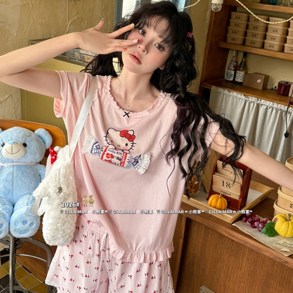 （总）妍景家居生活馆 2026新款莱赛尔冰丝棉睡衣短裤两件套奶糖KT