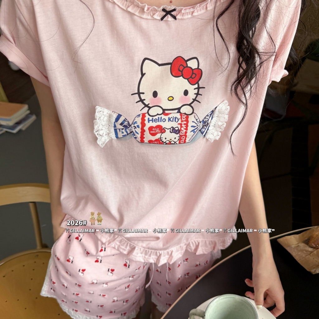 91家纺网 家纺一手货源 找家纺 （总）妍景家居生活馆 2026新款莱赛尔冰丝棉睡衣短裤两件套奶糖KT