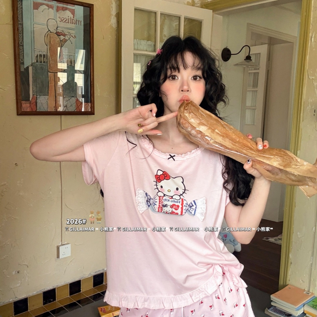 91家纺网 家纺一手货源 找家纺 （总）妍景家居生活馆 2026新款莱赛尔冰丝棉睡衣短裤两件套奶糖KT