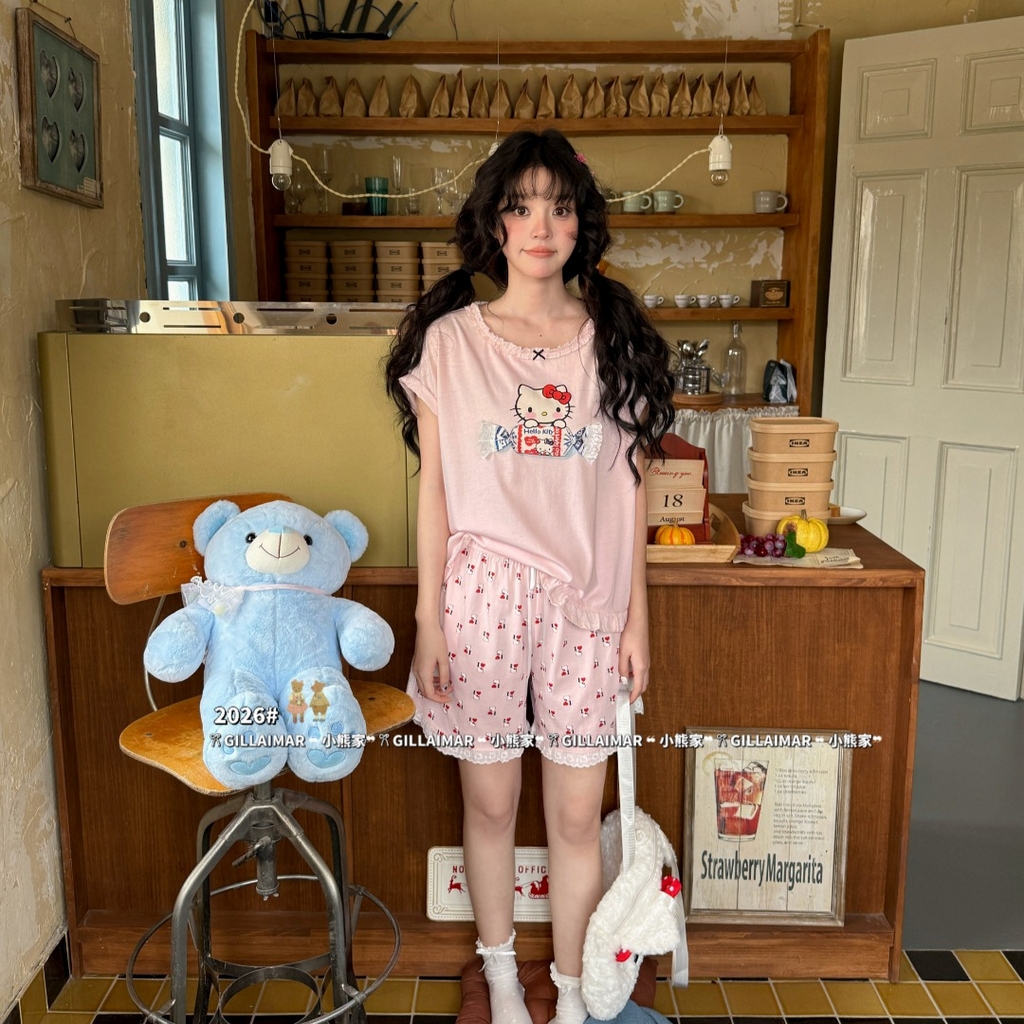 91家纺网 家纺一手货源 找家纺 （总）妍景家居生活馆 2026新款莱赛尔冰丝棉睡衣短裤两件套奶糖KT