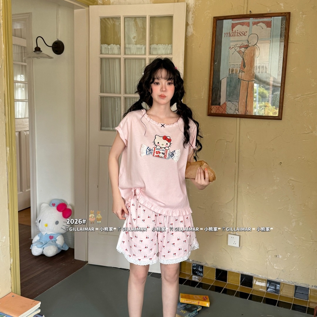 91家纺网 家纺一手货源 找家纺 （总）妍景家居生活馆 2026新款莱赛尔冰丝棉睡衣短裤两件套奶糖KT