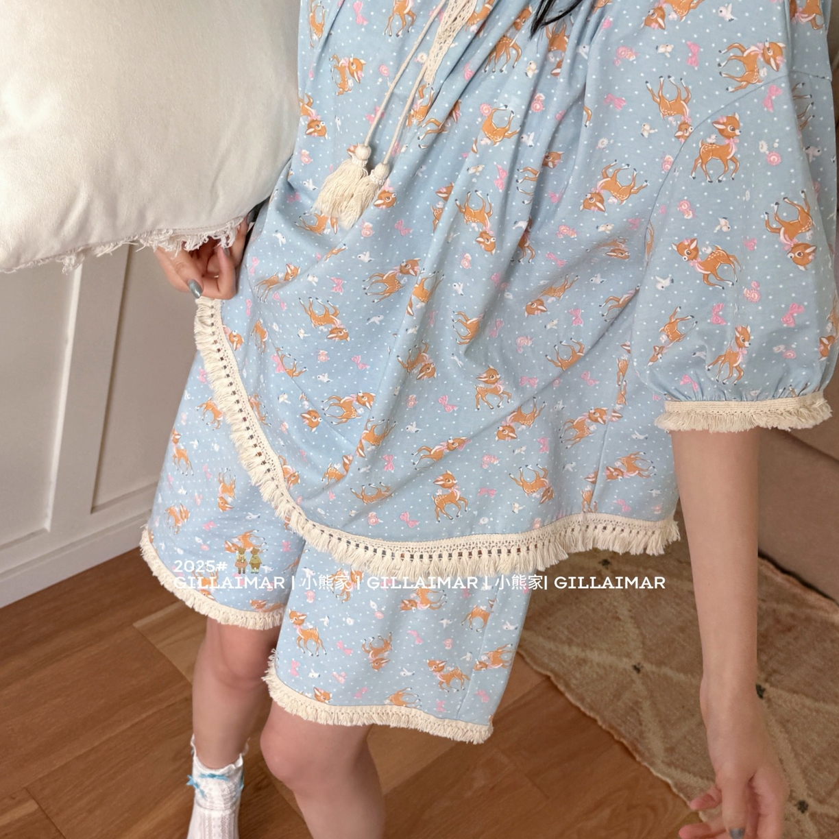 91家纺网 家纺一手货源 找家纺 （总）妍景家居生活馆 2026新款丝光棉睡衣短裤两件套小鹿