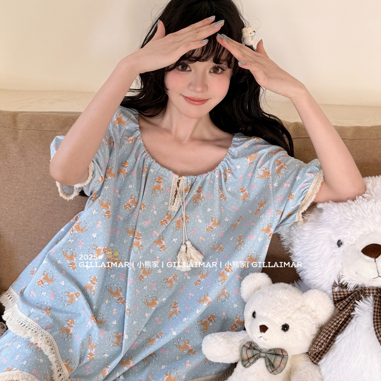 91家纺网 家纺一手货源 找家纺 （总）妍景家居生活馆 2026新款丝光棉睡衣短裤两件套小鹿