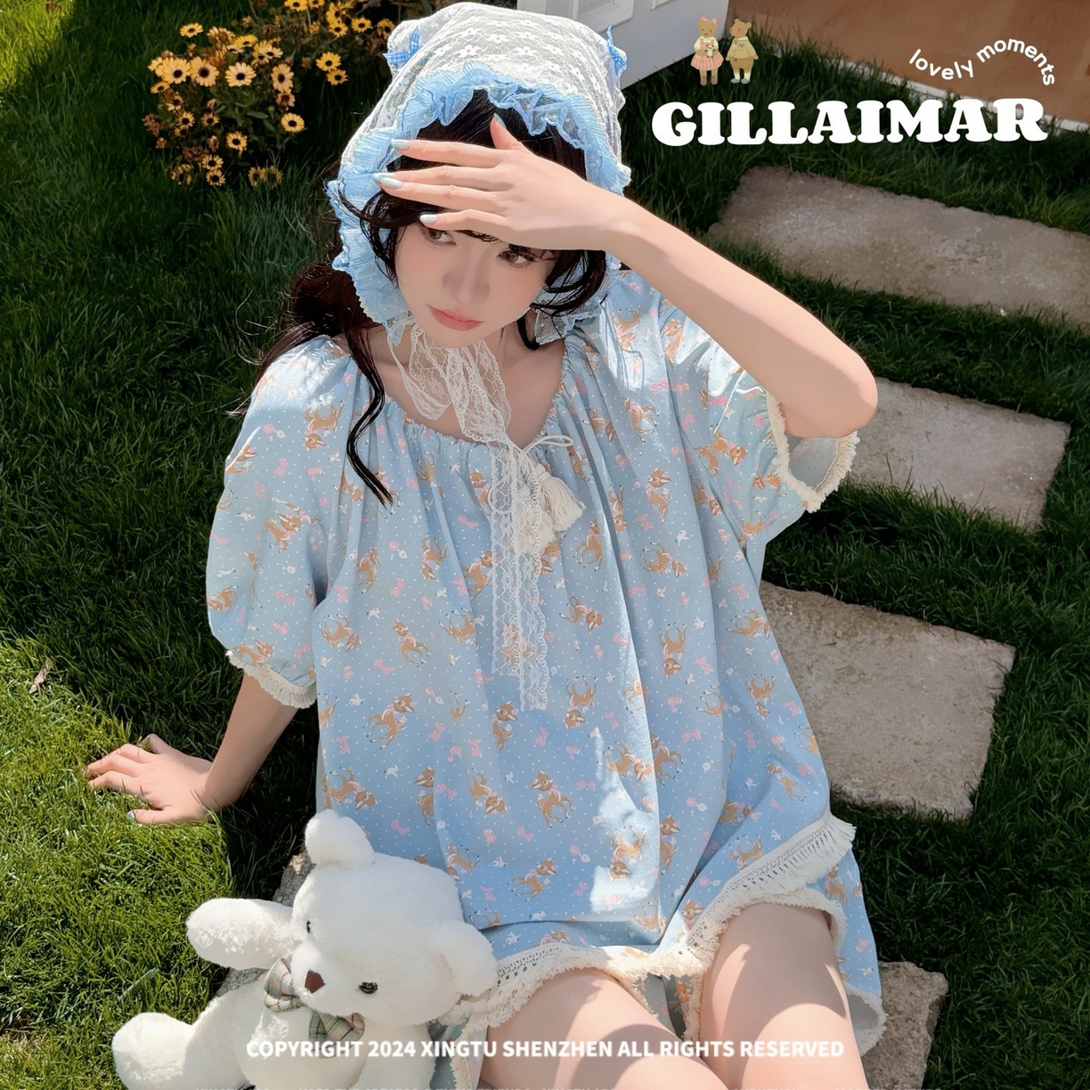 妍景家居生活馆 2026新款丝光棉睡衣短裤两件套小鹿 小鹿-蓝色