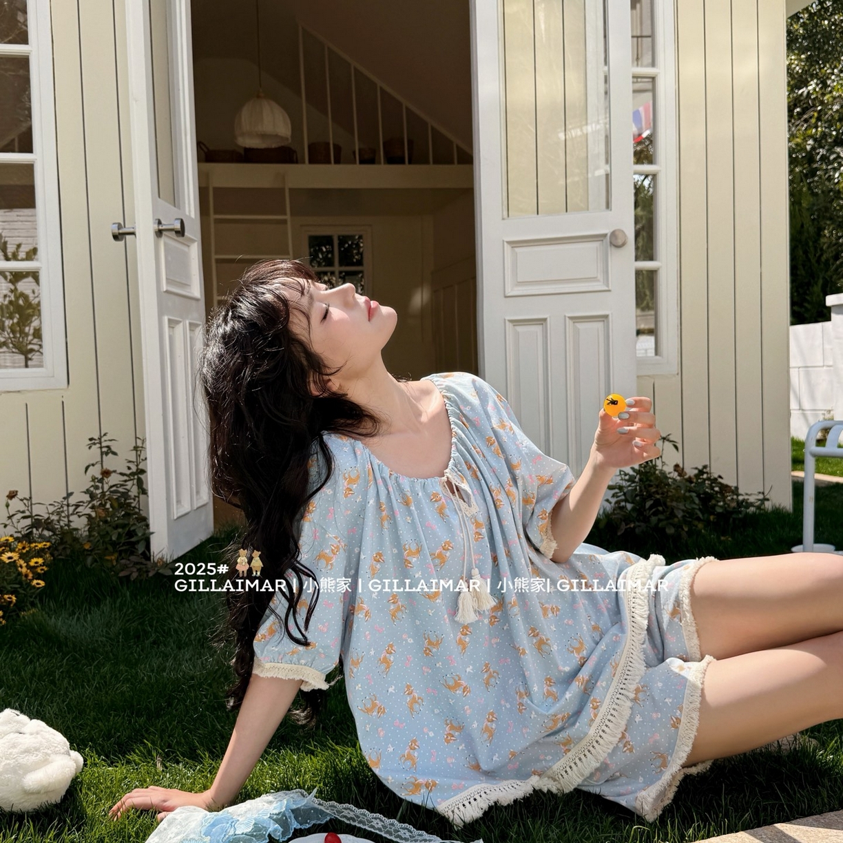 91家纺网 家纺一手货源 找家纺 妍景家居生活馆 2026新款丝光棉睡衣短裤两件套小鹿 小鹿-蓝色