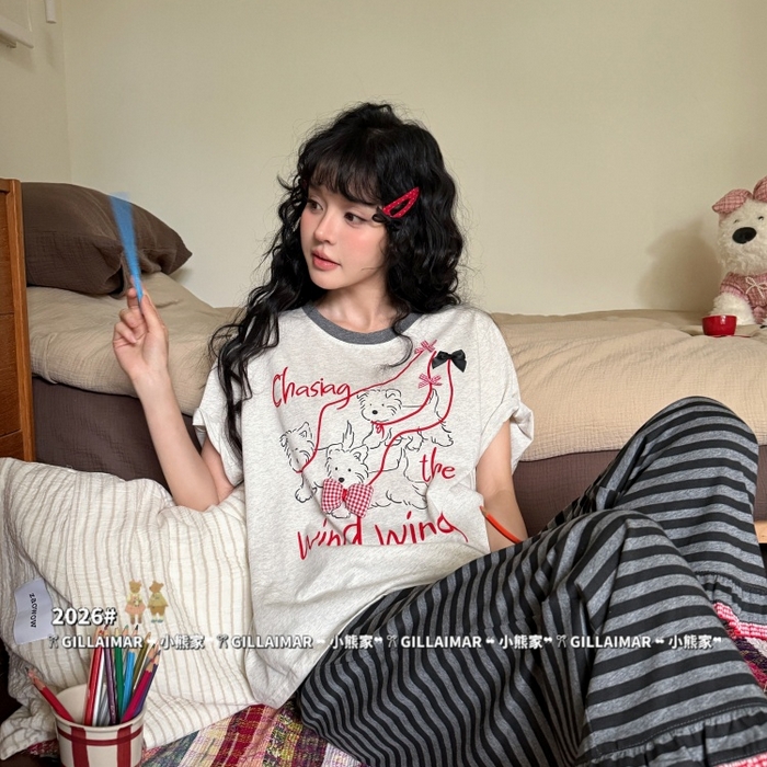 91家纺网 家纺一手货源 找家纺 （总）妍景家居生活馆 2026新款莱赛尔冰丝棉睡衣两件套遛遛狗